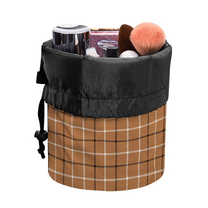 Brown Tattersall Pattern Print Drawstring Makeup Bag
