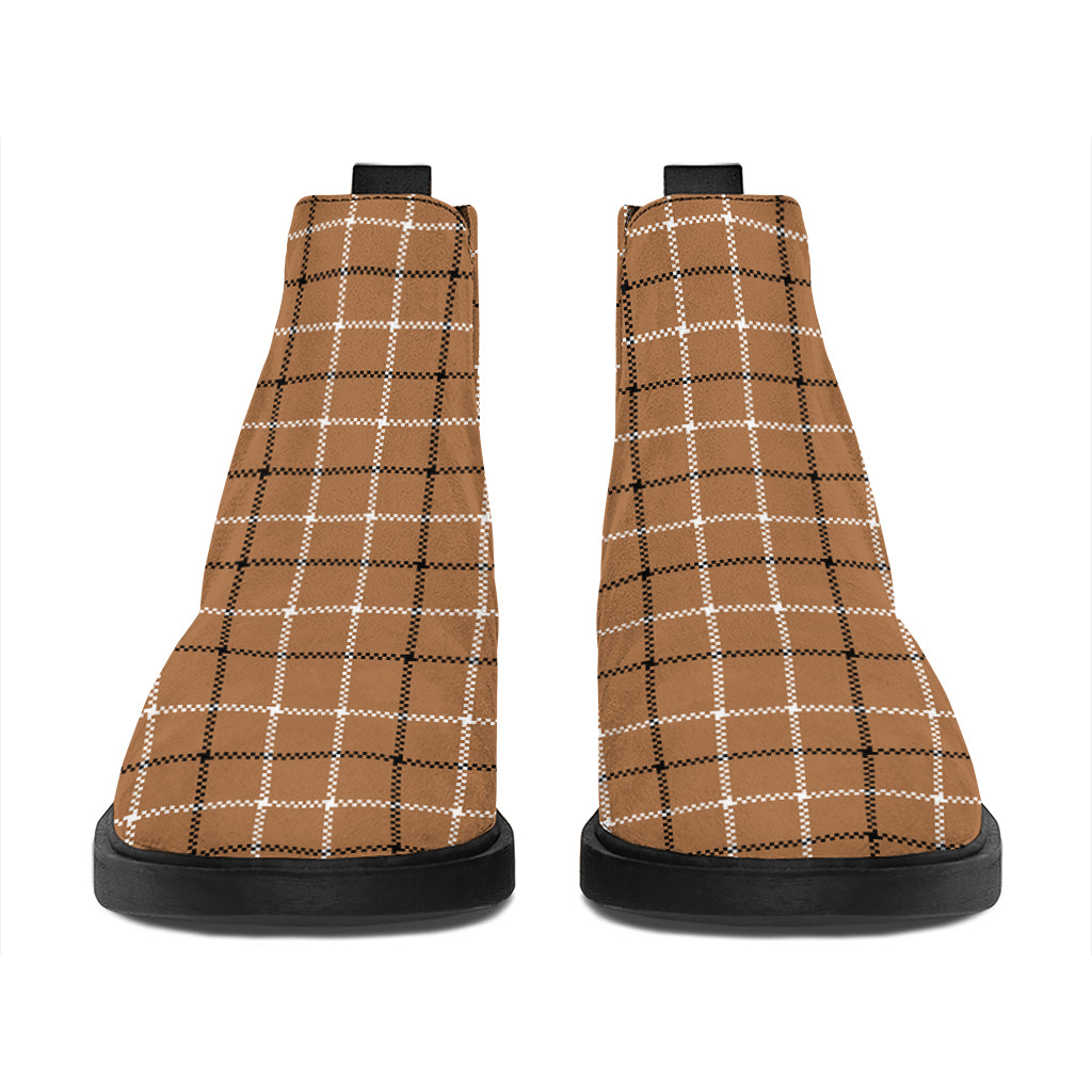 Brown Tattersall Pattern Print Flat Ankle Boots