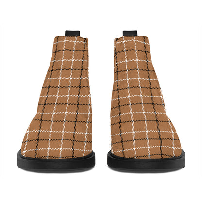 Brown Tattersall Pattern Print Flat Ankle Boots