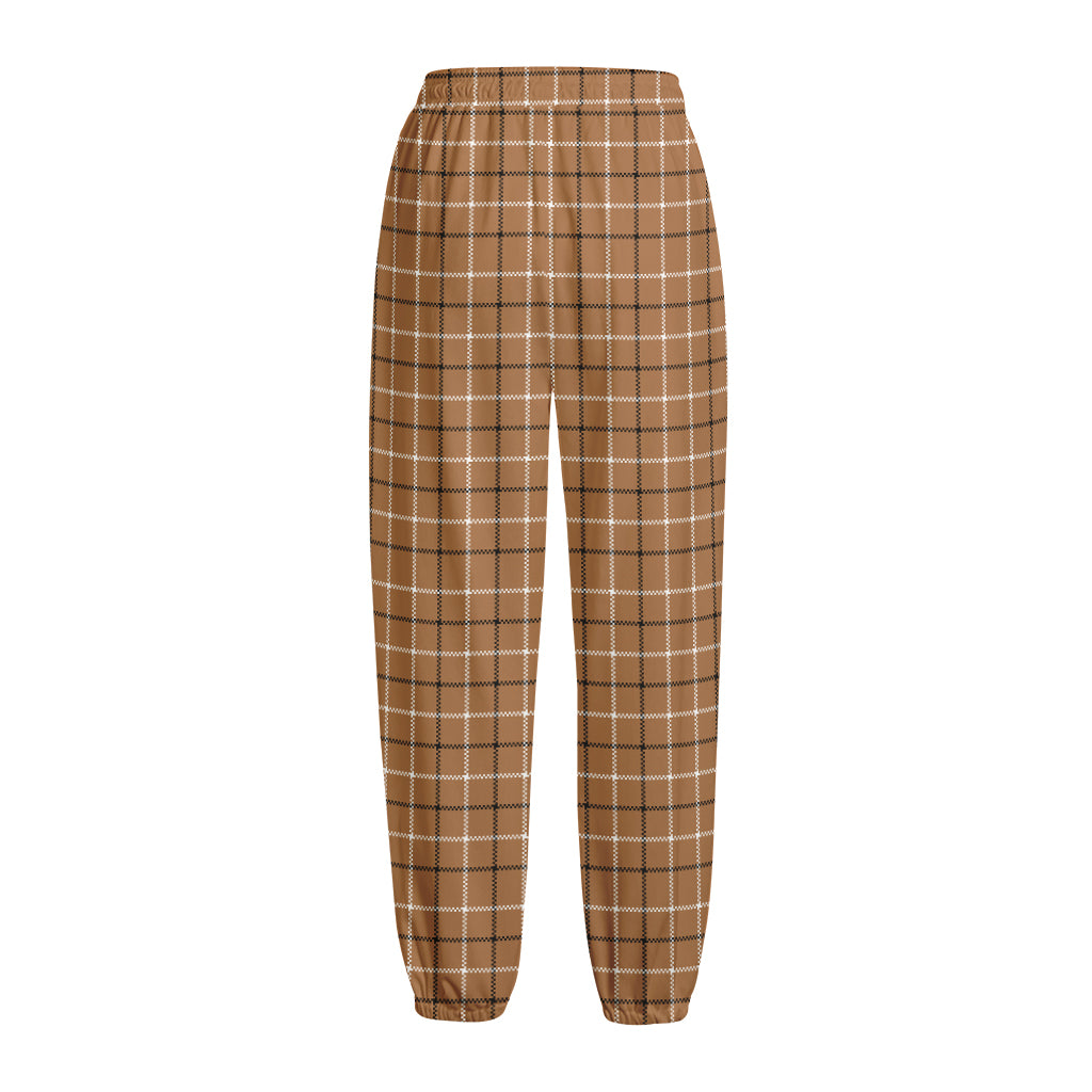 Brown Tattersall Pattern Print Fleece Lined Knit Pants