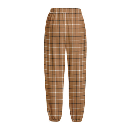 Brown Tattersall Pattern Print Fleece Lined Knit Pants