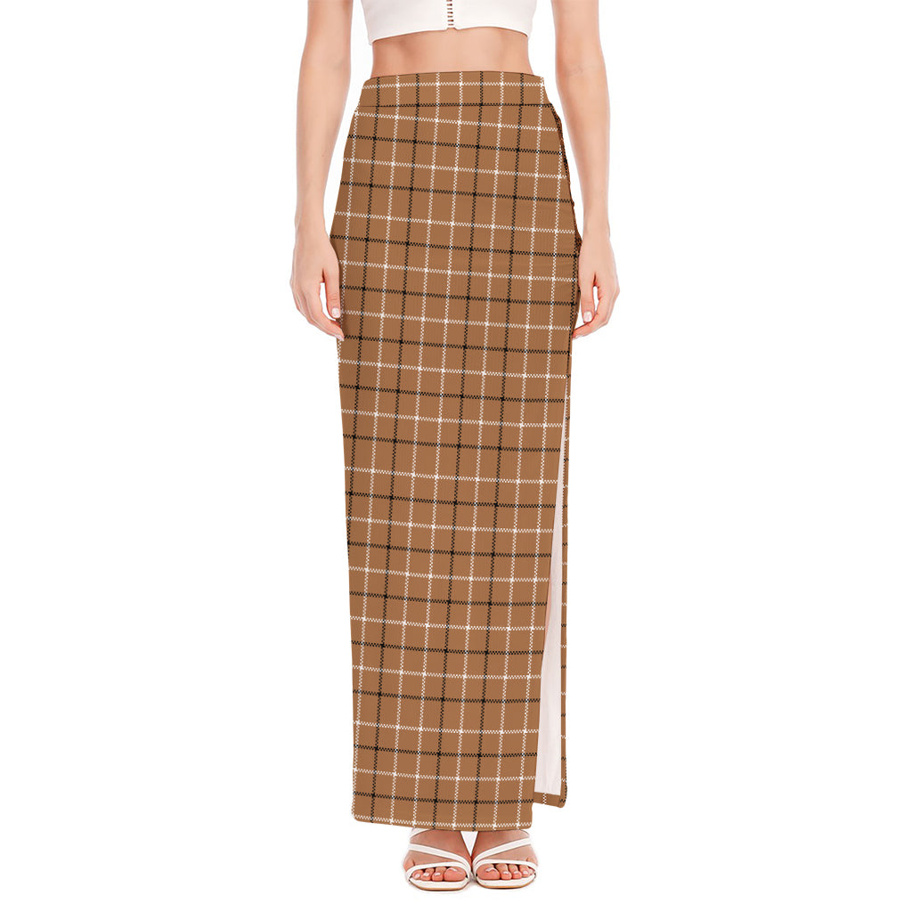 Brown Tattersall Pattern Print High Slit Maxi Skirt
