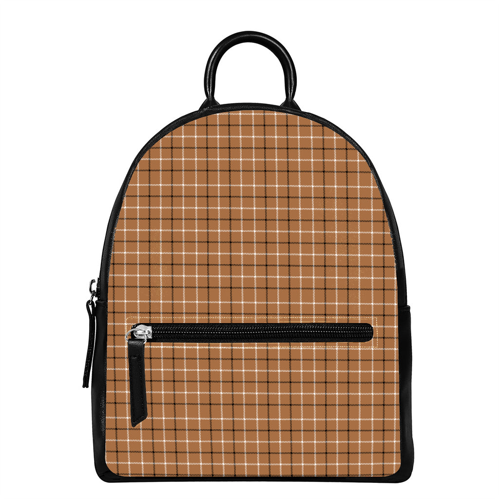 Brown Tattersall Pattern Print Leather Backpack