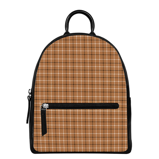 Brown Tattersall Pattern Print Leather Backpack
