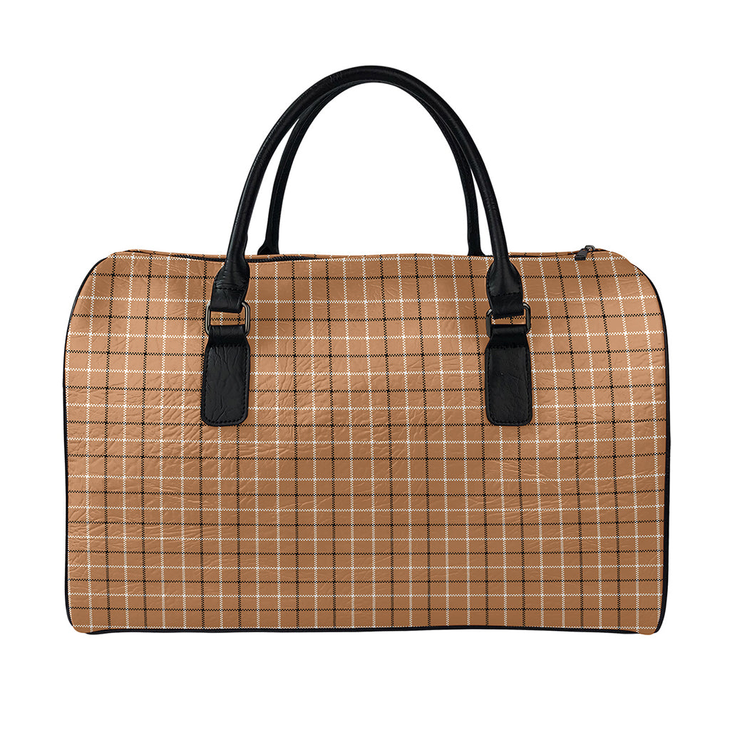 Brown Tattersall Pattern Print Leather Duffle Bag