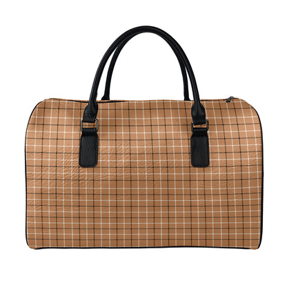 Brown Tattersall Pattern Print Leather Duffle Bag