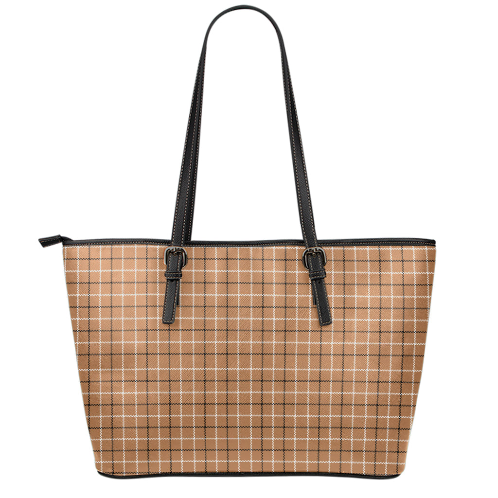 Brown Tattersall Pattern Print Leather Tote Bag