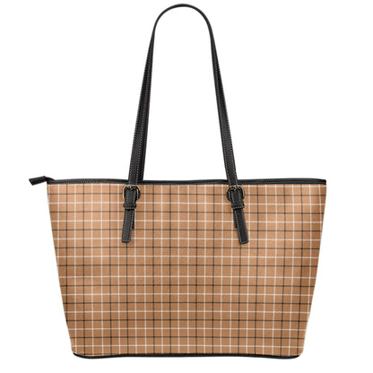 Brown Tattersall Pattern Print Leather Tote Bag