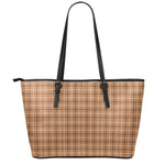 Brown Tattersall Pattern Print Leather Tote Bag