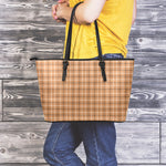 Brown Tattersall Pattern Print Leather Tote Bag