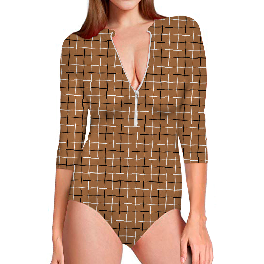 Brown Tattersall Pattern Print Long Sleeve Swimsuit