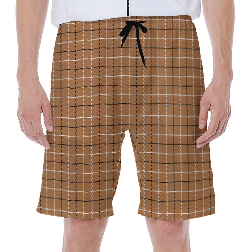 Brown Tattersall Pattern Print Men's Beach Shorts