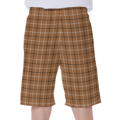 Brown Tattersall Pattern Print Men's Beach Shorts