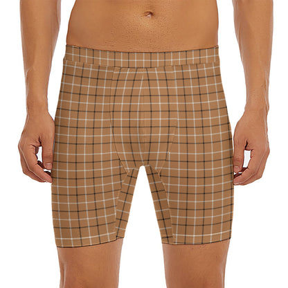 Brown Tattersall Pattern Print Men's Long Boxer Briefs