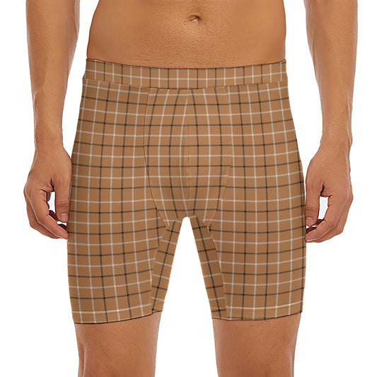 Brown Tattersall Pattern Print Men's Long Boxer Briefs