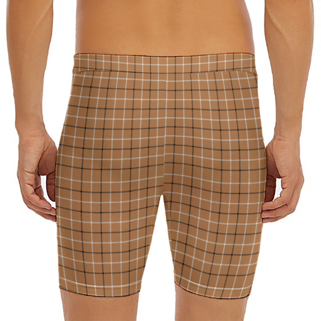 Brown Tattersall Pattern Print Men's Long Boxer Briefs