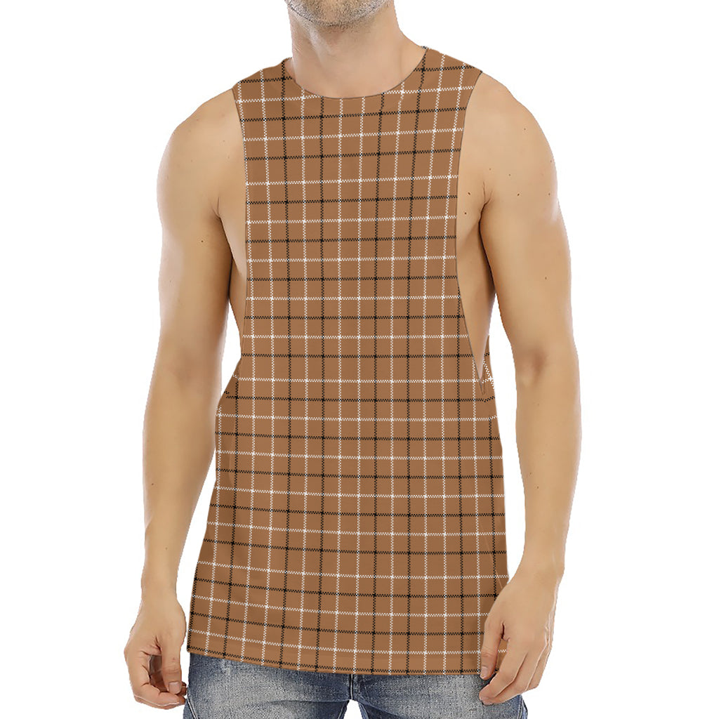 Brown Tattersall Pattern Print Men's Muscle Tank Top