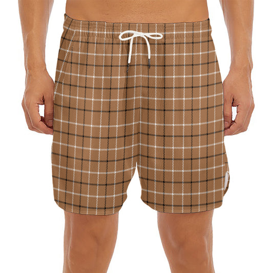 Brown Tattersall Pattern Print Men's Split Running Shorts