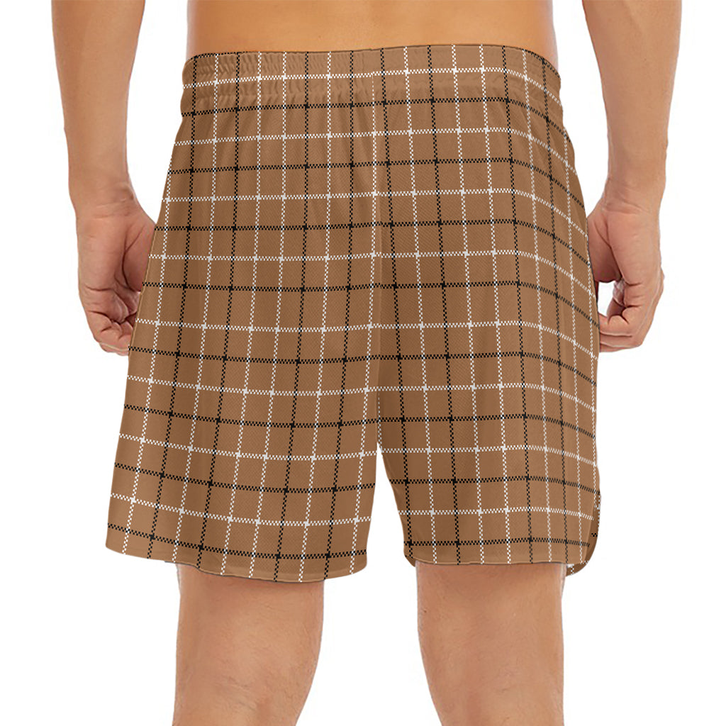 Brown Tattersall Pattern Print Men's Split Running Shorts