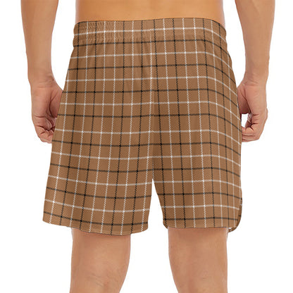 Brown Tattersall Pattern Print Men's Split Running Shorts