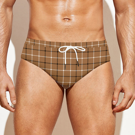 Brown Tattersall Pattern Print Men's Swim Briefs
