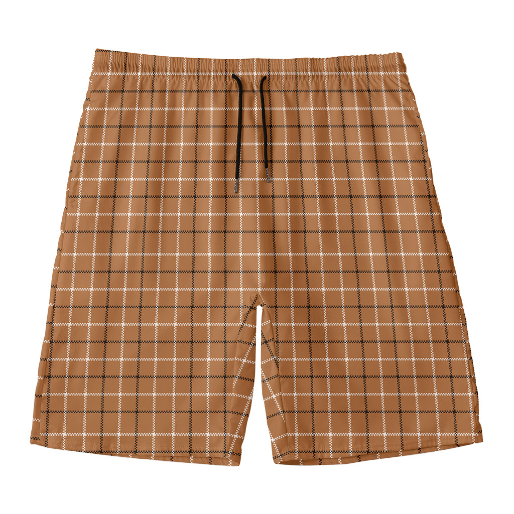 Brown Tattersall Pattern Print Men's Swim Trunks