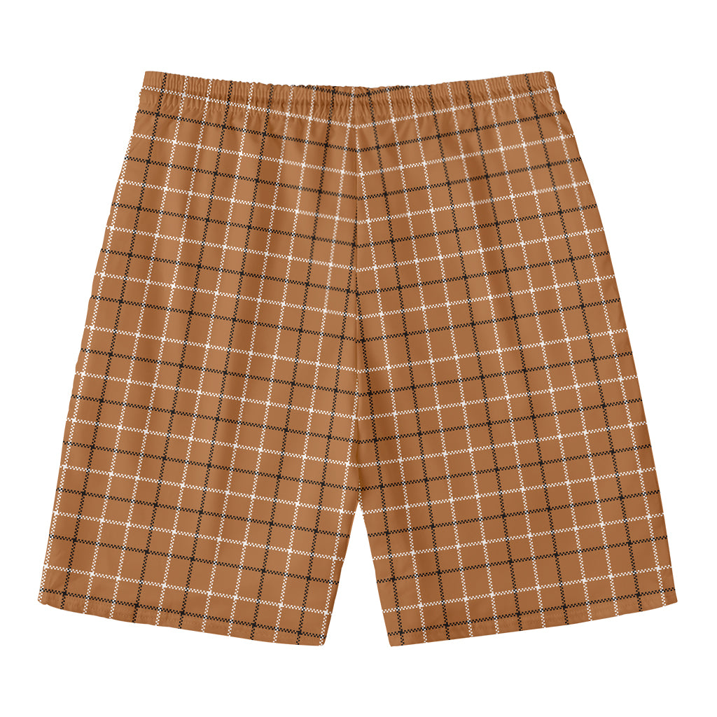 Brown Tattersall Pattern Print Men's Swim Trunks