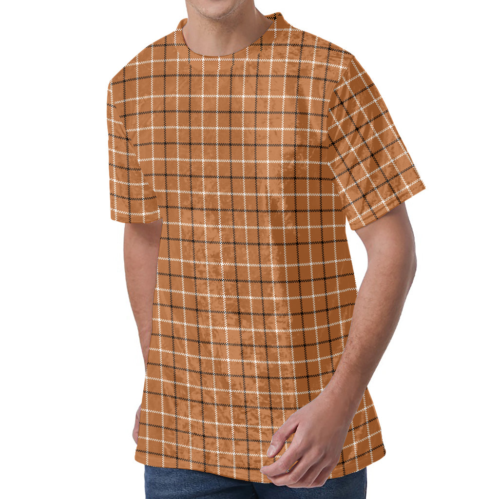 Brown Tattersall Pattern Print Men's Velvet T-Shirt