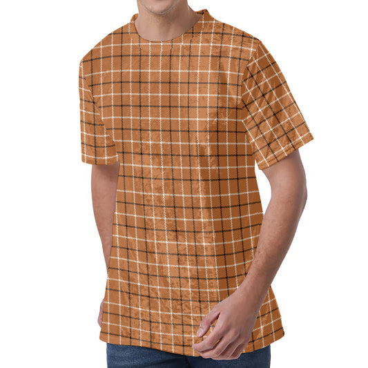 Brown Tattersall Pattern Print Men's Velvet T-Shirt