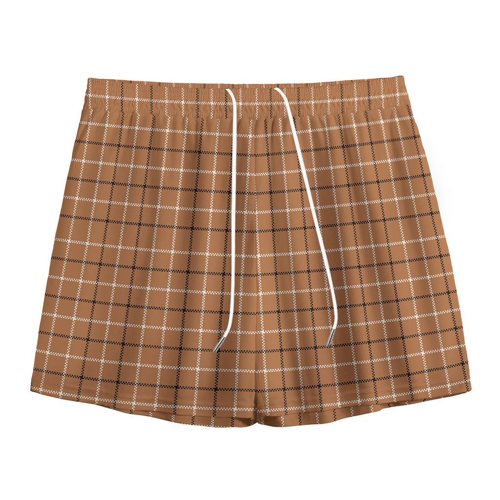 Brown Tattersall Pattern Print Mesh Shorts