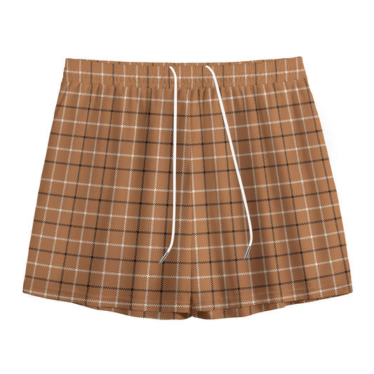 Brown Tattersall Pattern Print Mesh Shorts
