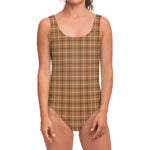 Brown Tattersall Pattern Print One Piece Swimsuit