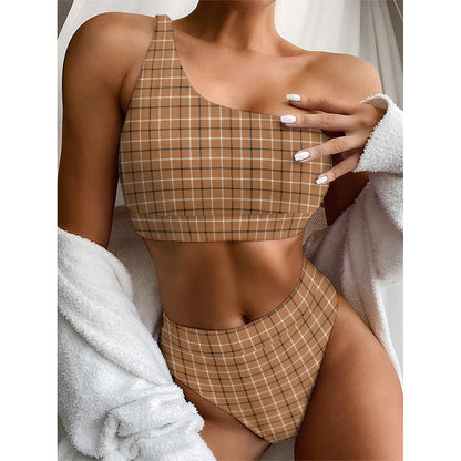 Brown Tattersall Pattern Print One Shoulder Bikini Top