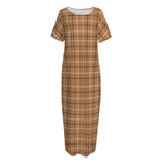 Brown Tattersall Pattern Print Short Sleeve Long Nightdress