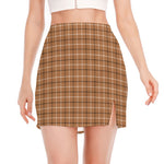 Brown Tattersall Pattern Print Side Slit Mini Skirt