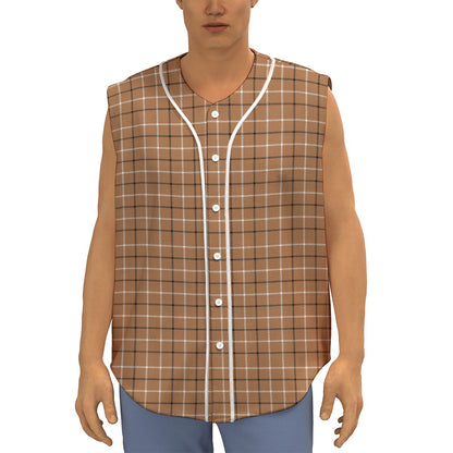 Brown Tattersall Pattern Print Sleeveless Baseball Jersey