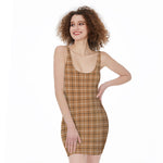Brown Tattersall Pattern Print Sleeveless Bodycon Dress