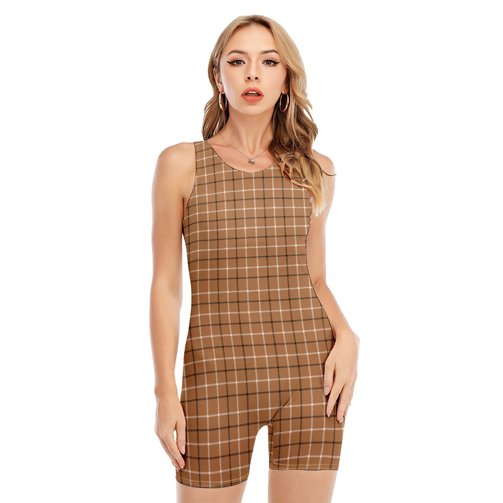 Brown Tattersall Pattern Print Sleeveless One Piece Swimsuit