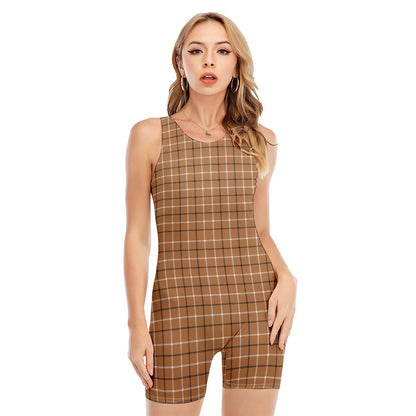 Brown Tattersall Pattern Print Sleeveless One Piece Swimsuit