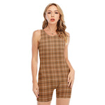 Brown Tattersall Pattern Print Sleeveless One Piece Swimsuit