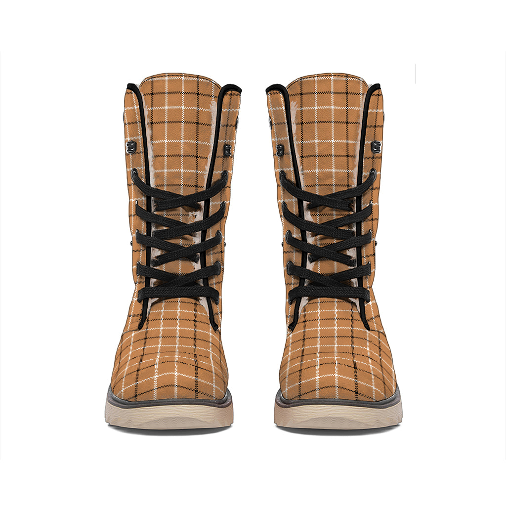 Brown Tattersall Pattern Print Winter Boots