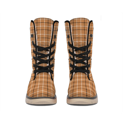 Brown Tattersall Pattern Print Winter Boots