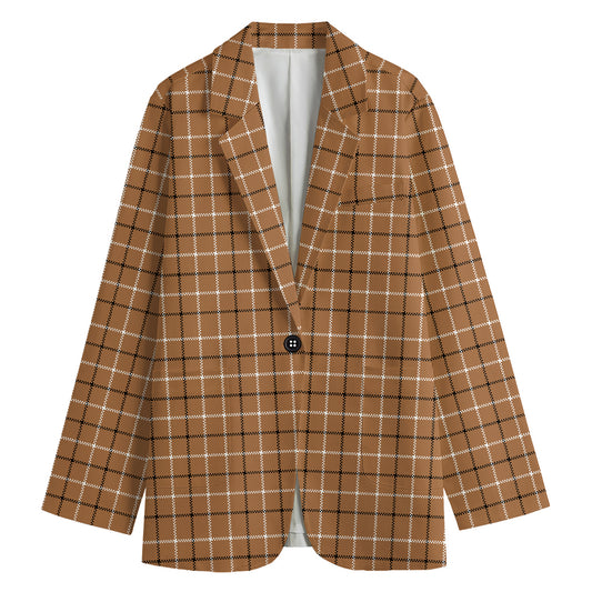 Brown Tattersall Pattern Print Women's Cotton Blazer