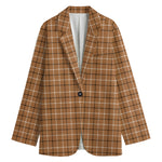 Brown Tattersall Pattern Print Women's Cotton Blazer