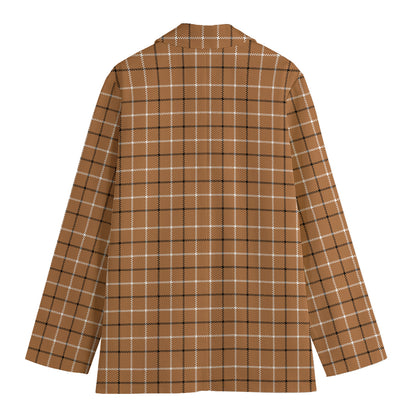 Brown Tattersall Pattern Print Women's Cotton Blazer