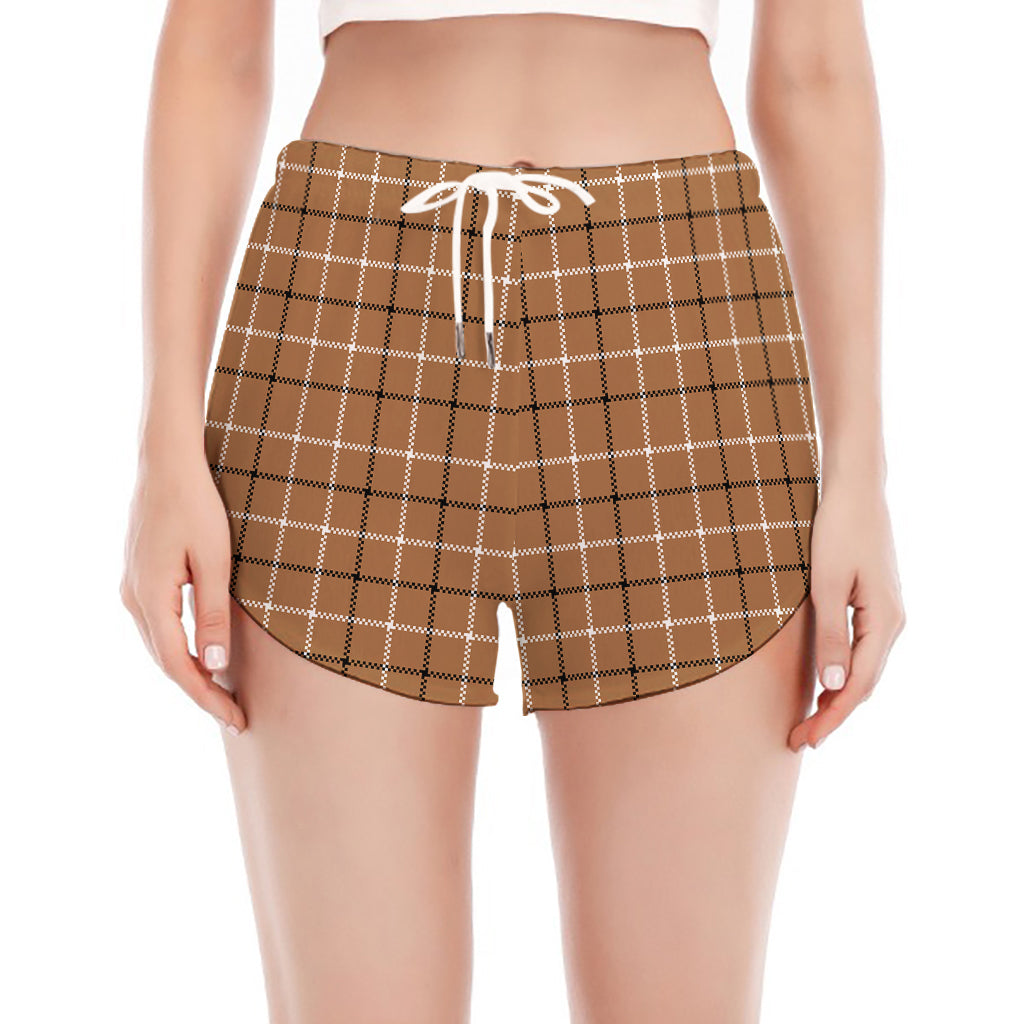 Brown Tattersall Pattern Print Women's Split Running Shorts