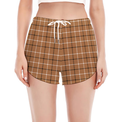 Brown Tattersall Pattern Print Women's Split Running Shorts