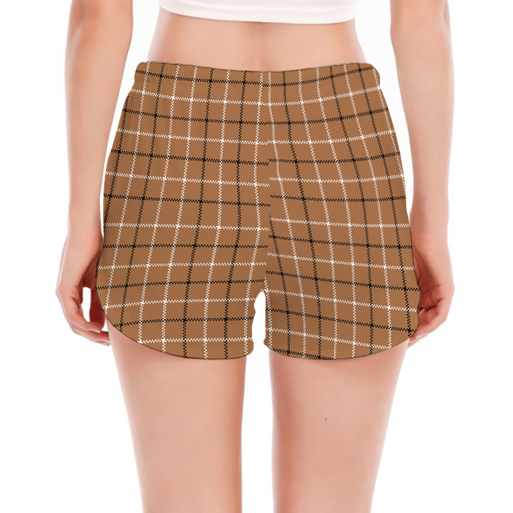 Brown Tattersall Pattern Print Women's Split Running Shorts