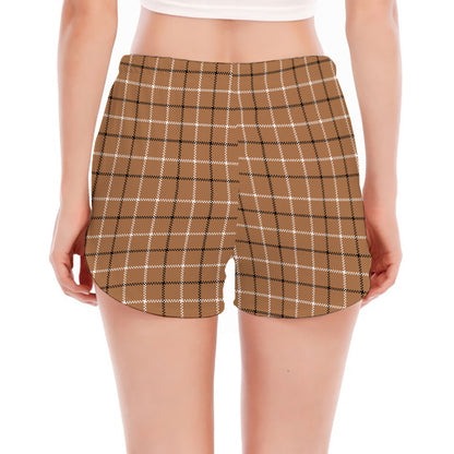 Brown Tattersall Pattern Print Women's Split Running Shorts