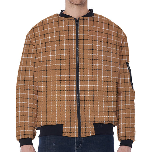Brown Tattersall Pattern Print Zip Sleeve Bomber Jacket